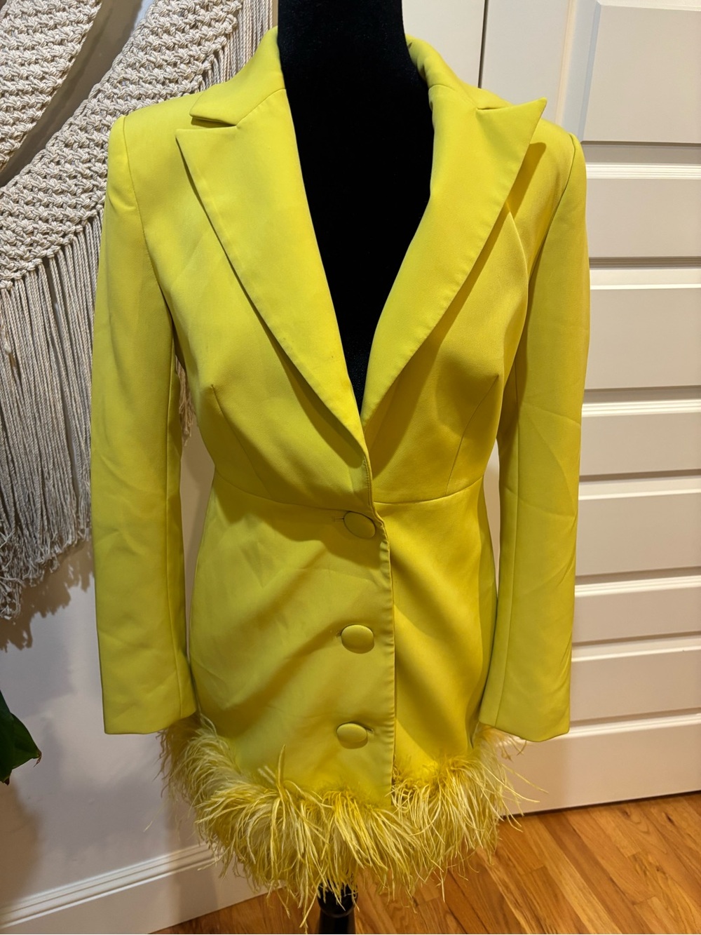 Fashion Nova Bright Yellow Feather-Hem Tailored Blazer